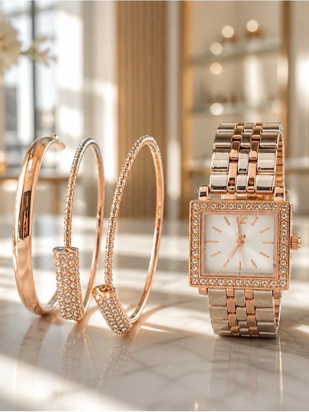 Folio Two Tone Crystal Accent Women's Watch and Bracelet Set